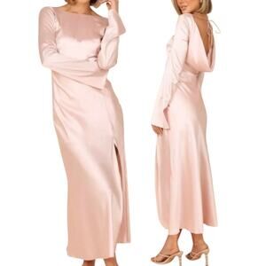 Petal + Pup Juxt Open Back Dress Satin Long Bell Sleeve Slit Midi Blush Pink XS